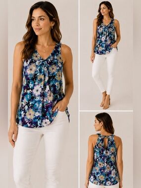 GAP Floral Sleeveless V-Neck Keyhole Tank Top Blue Purple Multicolor Large